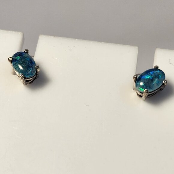 925 Sterling Silver Genuine Blue Fire Opal Earrings - Natural and Genuine Opal. - Picture 10 of 16